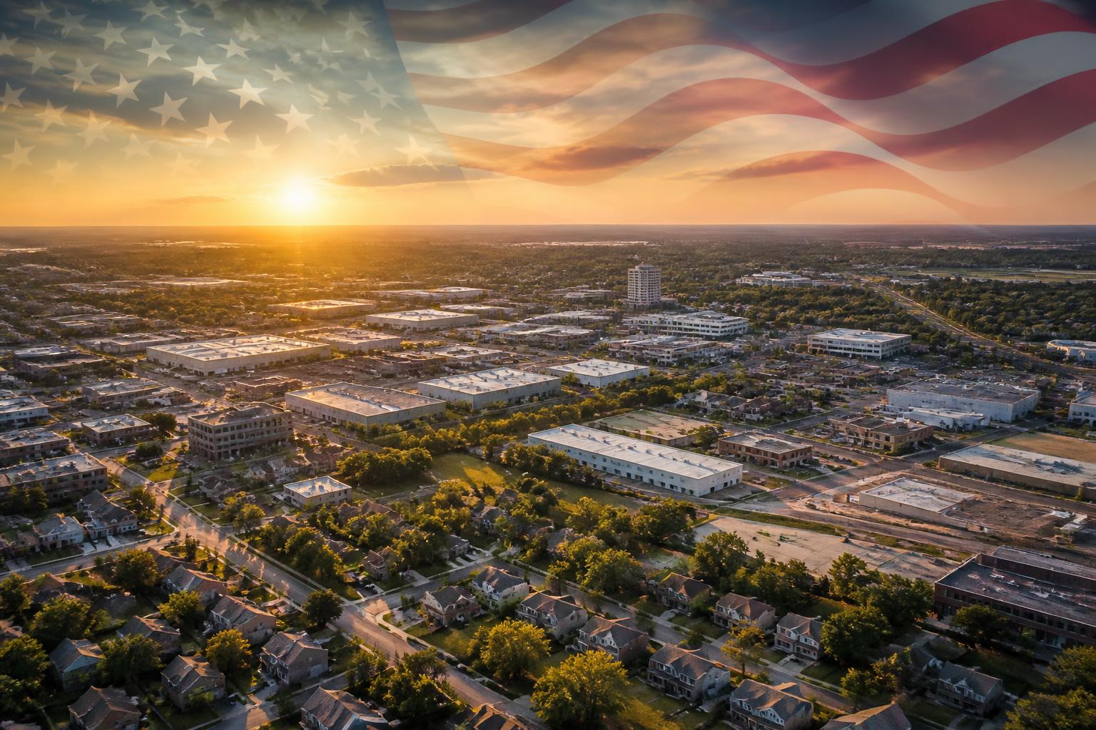 Aerial view of mixed American zoning patterns with US flag overlay